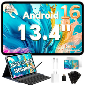 TECLAST T65 Tablette 13.4 Pouces Android 16, Écran 120Hz, Dual SIM 4G LTE, 10000mAh, 26Go RAM + 256Go ROM, Widevine L1, Tablette