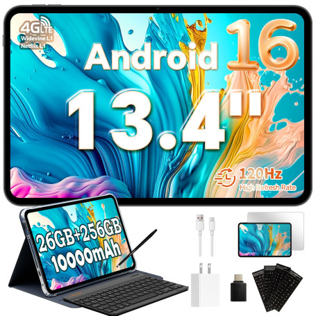 TECLAST T65 Tablette 13.4 Pouces Android 16, Écran 120Hz, Dual SIM 4G LTE, 10000mAh, 26Go RAM + 256Go ROM, Widevine L1, Tablette