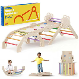 COSYLAND Triangle d’Escalade Montessori 8-en-1 en Bois, Arche Pliable pour Enfants 1-6 Ans, Parcours de Motricité Hauteur Réglab