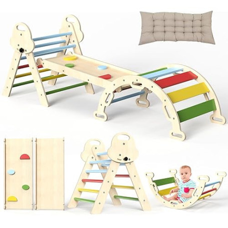 Puecrof Montessori Ensemble de Jeu d'intérieur: Cadre d'escalade 7 en 1 avec Toboggan, Arche et Tapis pour Tout-Petits et Enfant