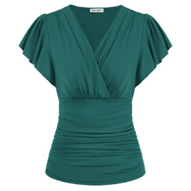 GRACE KARIN Blouse Unie à Manches Courtes Volantées Col Croisé en V Femme Haut d'Été à Taille Froncée Top Femme Chic et Élégant