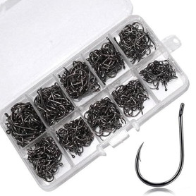 GNALIA Hameçons - 200 Pièces Noirs Avec Barbilles 10 Tailles (3-12), Acier Carbone Pour Pêche Carpe Et Poisson, Boîte Plastique