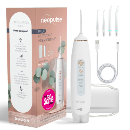 NEOPULSE® My First Jet Dentaire Ultra-Compact - Hydropulseur 2 en 1-4 Canules, 6 Pressions Réglables, 165ml Réservoir Amovible -