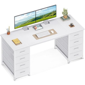 Coleshome Bureau avec 8 Tiroirs en Tissu, 140x48cm Bureau Blanc avec Rangement Table d'ordinateur Robuste, Table Informatique po