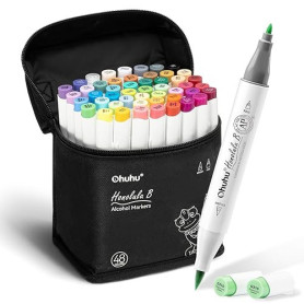 Ohuhu Marqueurs à alcool 48 couleurs, Marqueurs à croquis à double pointe (pinceau et pointe fine) pour les enfants, Marqueurs a