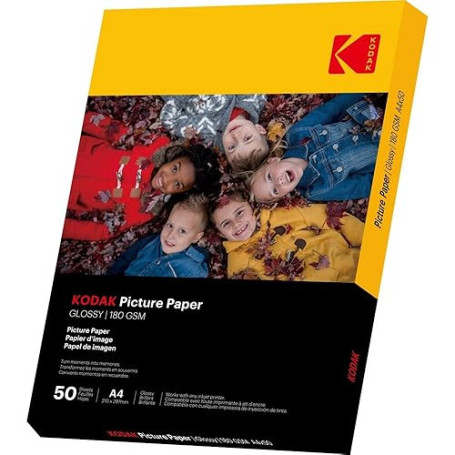 KODAK Picture Paper - Papier Photo Brillant, Pack de 50 Feuilles, Format A4 (21x29,7cm), 180g/m², Idéal pour Impressions Jet d'E