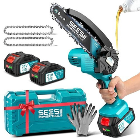 SEESII Mini Tronçonneuse à Batterie 2x4000mAh, 6 Pouces Tronçonneuse Électrique sans Fil avec Injecteur de Lubrifiant et Chaîne
