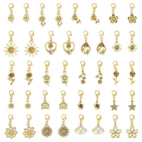 PH PandaHall 40 pcs Pendentifs Fleur avec Clip 20 Style Pendentifs Pendentifs En Forme de Fleur avec Fermoir Mousqueton pour la