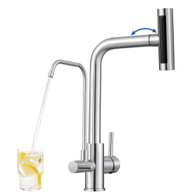 ROVOGO Mitigeur Robinet d'Évier de Cuisine 3 Voies à Eau Filtrée en Acier Inoxydable 304 Brossé, Douchette Extractible à 4 Modes
