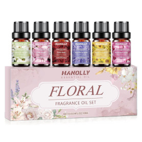 HANOLLY Huile Essentielle Fleurs 6x 10ML, Huiles Essentielles Naturelle Pour Diffuseur, Massage, DIY Bougie,Lys Blanc & Aloès, P