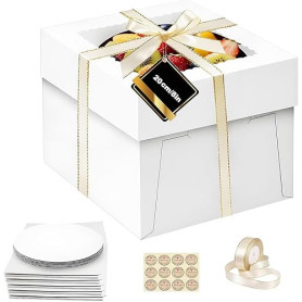 LYSHOOCE 5 Pièces Boîtes à Gâteau Transport avec Fenêtre - 20 x 20 x 20 cm - avec 5 Plateaux + Ruban + Autocollants - Pour Gatea