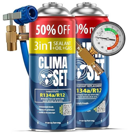 ClimaSet - Recharge de gaz 3 en 1 pour climatisation r134a, huile, produit anti-fuites XL, gaz R134a et tuyau - Kit de Recharge