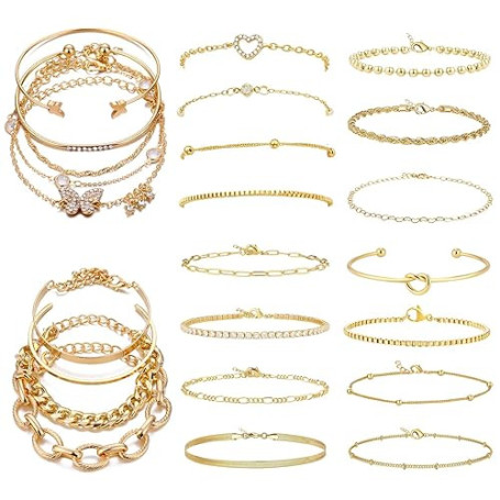 JSTHHTT 24 Pièces Bracelet Femme Layered Or, Bracelet Femme Or, Bijoux Acier Inoxydable Femme, Réglable, Bracelet Chaîne Empilab