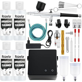 Roizefar Aérographe Kit Complet 55 PSI, Double Action Anti-bouchage pour Maquette avec des Nettoyants 4x100ml, 3 Tailles de Buse