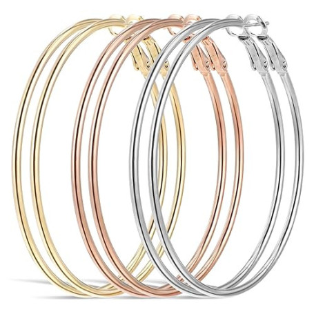 Tyqour Lot de 3 paires de grandes boucles d'oreilles créoles en acier inoxydable - Longueur: 60 mm - Argentées - Cercles hypoall