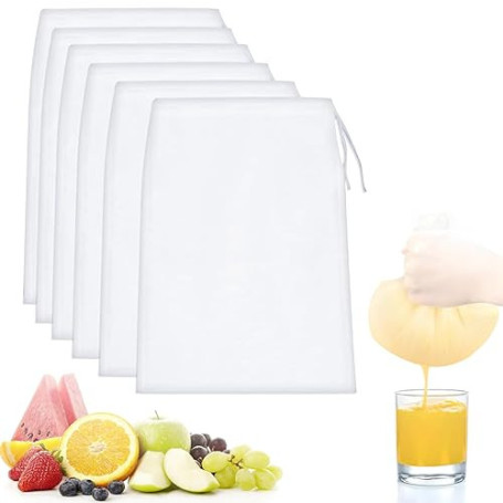 Quelcc 6 Pièces Sac à Lait de Noix, 20 × 30 Cm Sacs à Fromage en Nylon, Filtre Lait Végétal Reutilisable, pour Jus de Légumes et