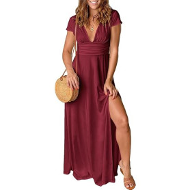 QUNERY Robe Longue Femme Ete Robe de Plage Manches Courtes Robe D'été Casual col en V Taille Haute Robe Cocktail Demoiselle d'ho