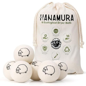 Hanamura Boules de séchage - 6 boules de sèche-linge - 100 % laine de mouton - Avec sac de rangement