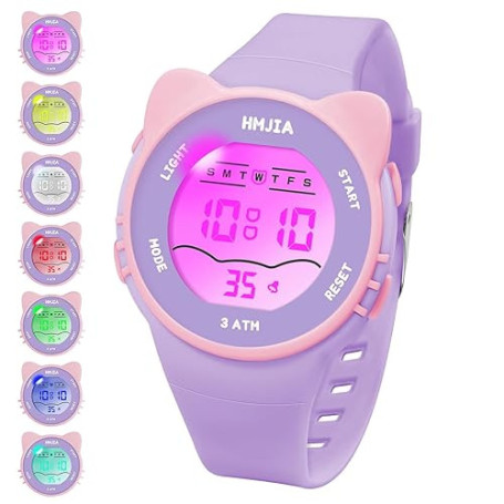 HMJIA Montre Enfant avec Motif Chat Set de Colliers 3ATM Étanche avec Alarme Chronomètre Lumière Montre Digitale Enfant Annivers