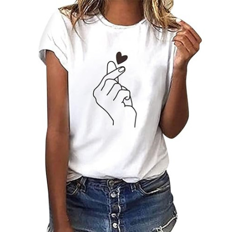 heekpek Femme T Shirt Blanc Chic T Shirts Col Rond Haut Manches Courtes Ete T Shirt Coton Tee Shirt Imprimé pour Femmes Files