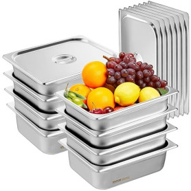VEVOR Bac Gastronorme GN 1/2 Lot de 8, Récipient Inox pour Bain-marie 0,8 mm d'Épaisseur, Bac Inox Alimentaire avec Couvercle 10