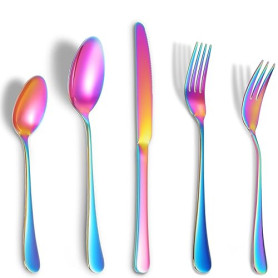Andibro Lot de 5 couverts arc-en-ciel multicolores en acier inoxydable avec couteaux, fourchettes et cuillères - Poignée ronde -