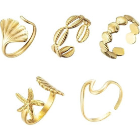 CHONGQILAO 5 Pièces Bague Femme Acier Inoxydable, Bague Coquillage Etoile de Mer, Vintage Bagues pour Femmes, Set de Bague Doré,