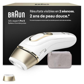 Braun Epilateur Lumiere Pulsee Silk·expert Pro 5 PL5100, Blanc et Or – Alternative au Laser à Domicile, Filaire, avec Pochette,