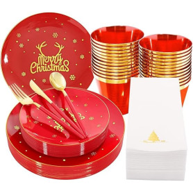 KAHEIGN 175 Pièces Réutilisable Vaisselle de Noël en Plastique Rouge Bordée D'or - 25 Assiettes Plates, 25 Assiettes Salade, 25