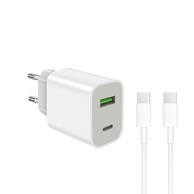 Chargeur USB C Recharge Rapide avec Câble, 20W Prise 2 Ports Alimentation Blanc Adaptateur Mural pour lPhone 17 16 15 14 13 12 1