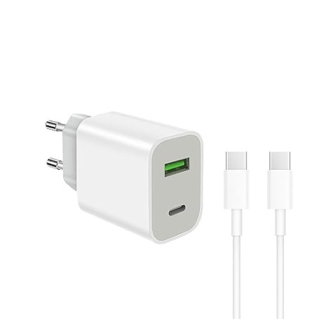 Chargeur USB C Recharge Rapide avec Câble, 20W Prise 2 Ports Alimentation Blanc Adaptateur Mural pour lPhone 17 16 15 14 13 12 1