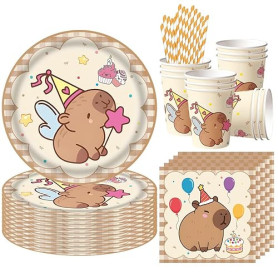 68 Pièce Assortiments Capybara Vaisselle de Fete, Vaisselle Anniversaire Capybara, Decoration Anniversaire Enfant Assiette Tasse