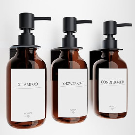 Lot de 3 Distributeur Savon Montage Mural, Distributeur de shampooing et d'après-shampoing avec 16 étiquettes imperméables, sans