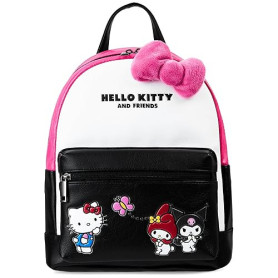 Hello Kitty & Friends Sanrio Sac à Dos Fille Ado Femme Simili Cuir Mini Sac Kawaii Épaule My Melody Kuromi Idée Cadeau (Rose/Noi