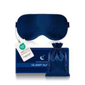 Masque de Nuit Occultant en Soie 100% Pure, Masque de Sommeil Antiallergique, avec Bandeau Réglable, Unisexe (Bleu)