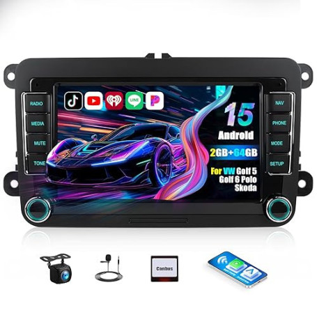 CAMECHO 2+64G Android 15 Carplay Autoradio pour VW Golf 5 6 Skoda Passat Polo Tiguan Seat Skoda, sans Fil Carplay & Android Auto