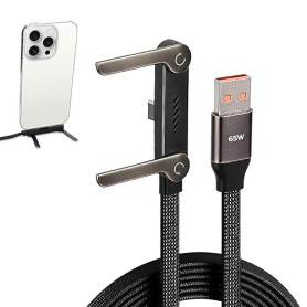 XAVURO Câble Chargeur USB-A vers Type-C 65W avec Support Invisible, Cordon de Charge Rapide Plat et Tressé 1.5M, Accessoire Télé