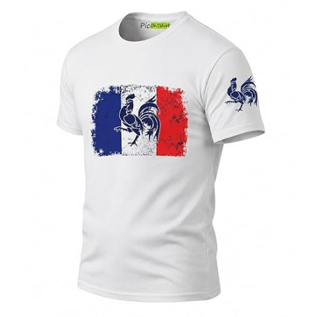Tee Shirt Drapeau Français, T-Shirt Homme Drapeau Coq Gaulois Vintage, Maillot Supporter France Football Coupe du Monde 2026