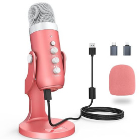 zealsound Micro USB, k66 Pink Microphone à condensateur Cardioïde pour PC Smartphone Ordinateur, avec Bouton muet/Gain, pour Enr