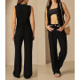 Fakanhui Ensemble 2 pièces en lin pour femme - Gilet d'été - Jambes larges - Pantalon d'affaires, loisirs, vacances, ensembles d