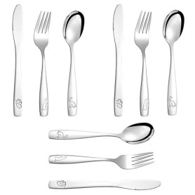 Samamoca 9PCS Couvert Enfant Inox,3 x Fourchette,3 x Cuillère,3 x Couteau Dentelé,Sûr Couverts Pour Enfants avec Motif Mignon,Co