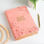 KJV Sainte Bible, impression géante avec références croisées, toucher cuir rose doux avec motif floral, index du pouce, marqueur