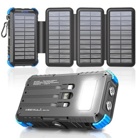 Chargeur Solaire 26800mAh avec 4 Panneaux Solaires, USB C 15 W Charge Rapide, 5 Sorties et 3 Câbles, Batterie Externe Solaire po