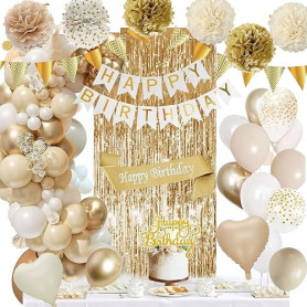 Decoration Anniversaire Décorations Beige Blanc Or Ballons Kit avec Banderole Joyeux Pom Poms Confetti Echarpe Rideau pour Fille