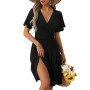 UUAISSO Robe Décontractée pour Femme col V Cache-cœur Robe Fleurie Manches Courtes Robe Midi D'été Trapèze
