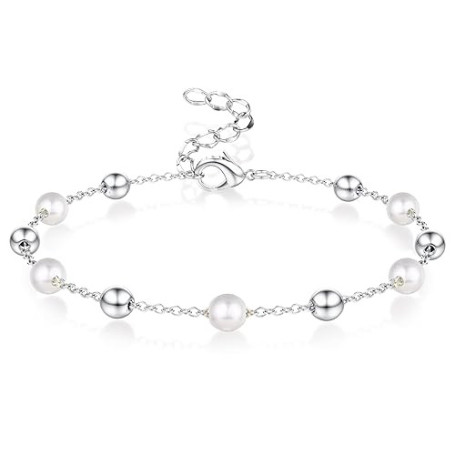 LOLIAS Bracelet Perles Femme Coeur Bracelet Or/Argent Femme Acier Inoxydable Bracelet Perle pour Femme Ado Fille Bijoux Cadeau F
