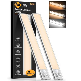 Gritin Lampe de Placard LED, Super Lumineuses Cuisine Reglette Rechargeable 26CM, 3 Couleurs&5 Luminosités, 4 Modes, Détecteur d