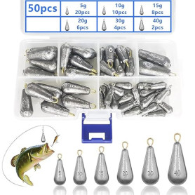 XSHAO 50 PCS Plomb Peche Mer, Poids de Pêche 5 g/ 10 g/ 15 g/ 20 g/ 30 g/ 40 g avec Boîte de Rangement pour Plein Air et Pêche e