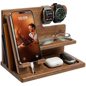 TESLYAR - Station d'accueil pour téléphone en bois pour homme, organisateur de bureau ou de chevet, cadeau d'anniversaire pour h