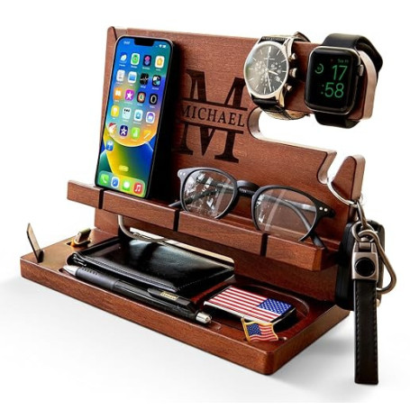 Greta Oto Station de Charge en Bois pour Téléphone Personnalisé, Tablette, Montre, Portefeuille, Organisateur Support Rangement